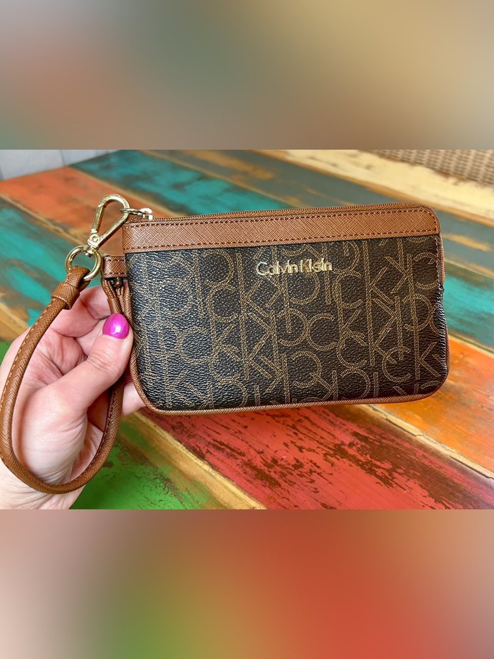 Calvin Klein Signature Monogram Brown Wristlet Wallet